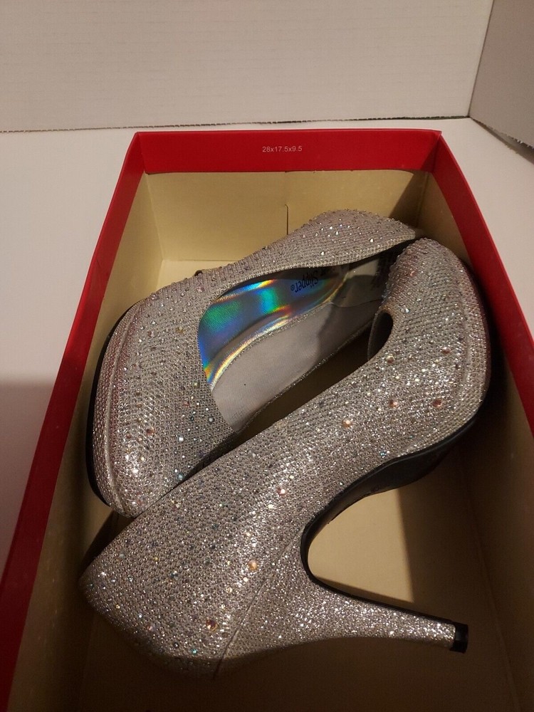 Silver Slipper , Mirage silver platform rhinestone heels, Women's 6.5